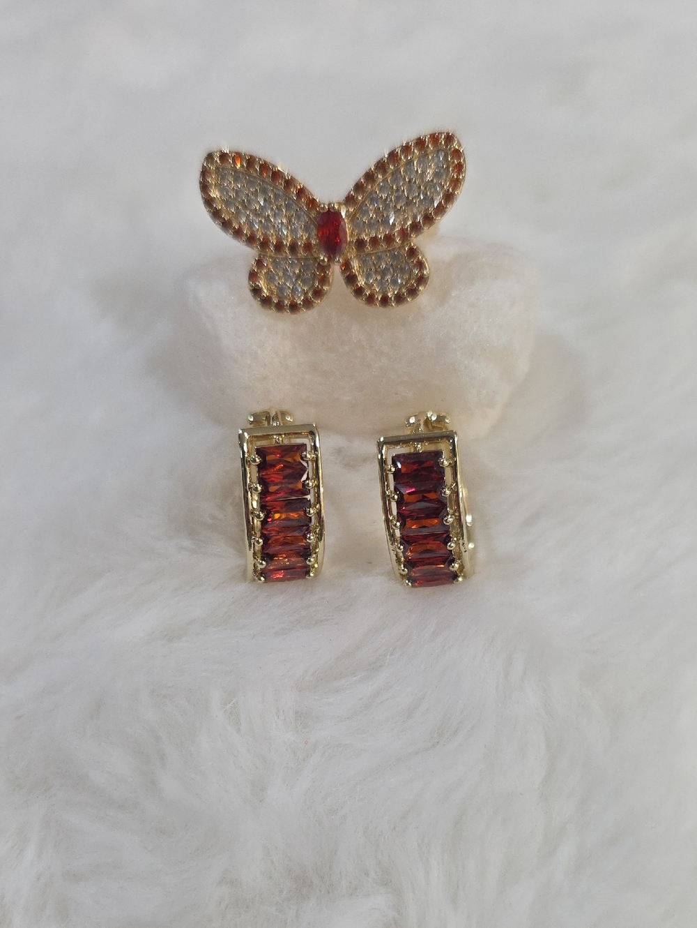 14k Gold Plated Burnt Orange Crystal Butterfly Ring & Crystal Huggie Set